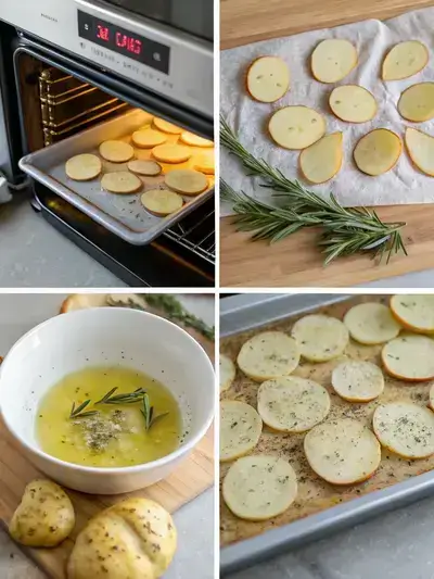 Step-by-step process of preparing potato rounds, including preheating the oven, slicing potatoes, seasoning, and arranging on a baking sheet.
