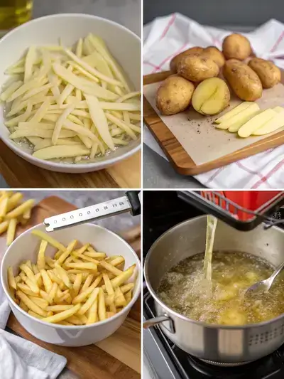 Step-by-step process of making shoestring potato fries, including cutting, soaking, frying, and draining.