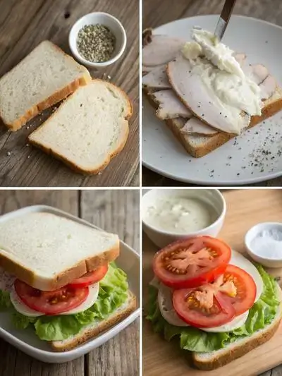 Step-by-step process of making a gluten free sandwich with toasted bread, condiments, and fresh fillings.