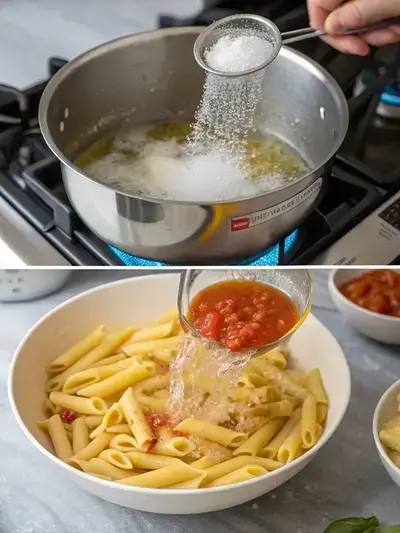 Step-by-step process of making Barilla penne pasta, including boiling water, adding salt and olive oil, cooking pasta, and draining it.