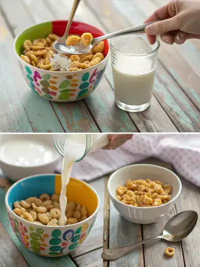 Four-step process of preparing Honey Smacks cereal with milk.