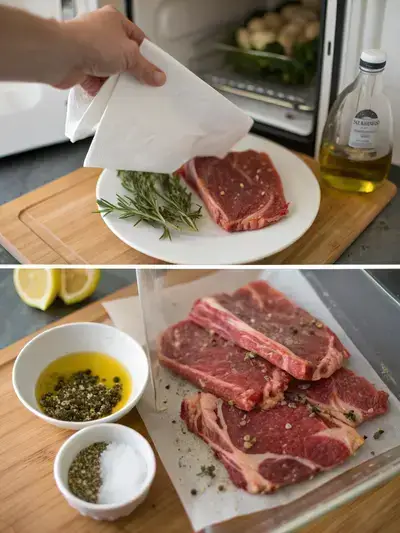 Step-by-step process of preparing Italian steak, including drying, marinating, and resting the steaks.