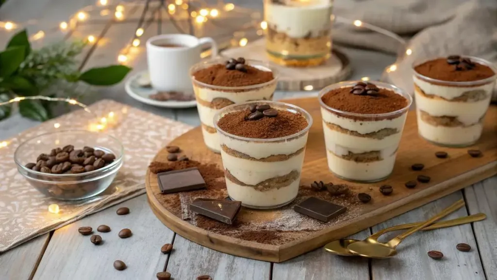 Delicious tiramisu cups with layers of mascarpone and coffee-dipped ladyfingers, garnished with cocoa powder and chocolate shavings.