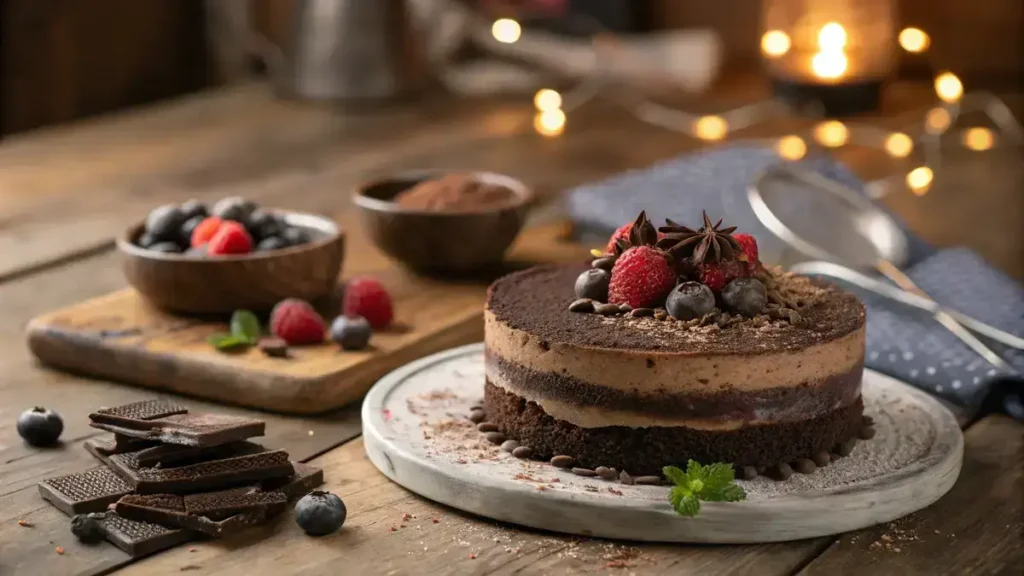 Delicious truffle cake with chocolate shavings and berries on a wooden table.
