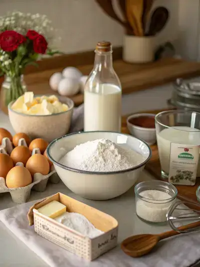 Ingredients for American cake displayed on a kitchen table.