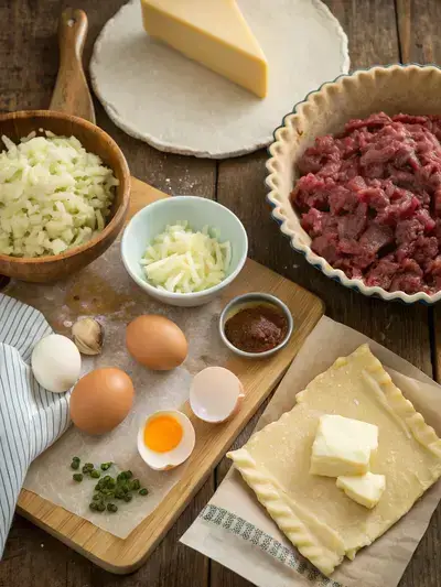 A collection of fresh ingredients for an Australian meat pie, including beef mince, onions, garlic, and pastry, arranged on a kitchen table.