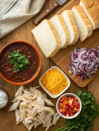Ingredients for BBQ bread displayed on a kitchen table.