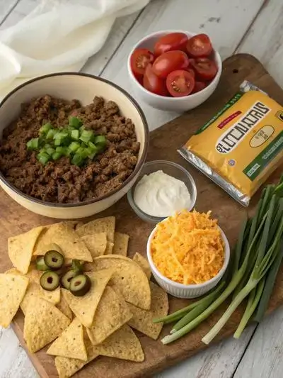 Ingredients for baked taco dip displayed on a kitchen table.