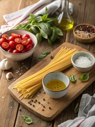 Ingredients for Barilla linguine displayed on a kitchen table.