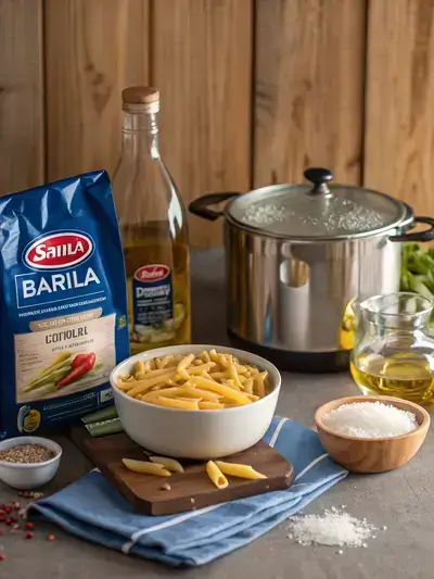 Ingredients for Barilla penne pasta on a kitchen table, including pasta, water, salt, and olive oil.