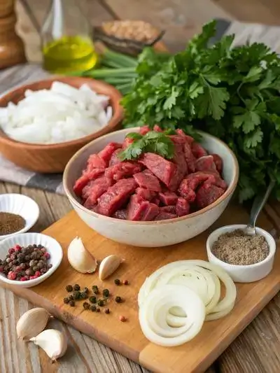 Fresh ingredients for a beef finger meat recipe displayed on a kitchen table.