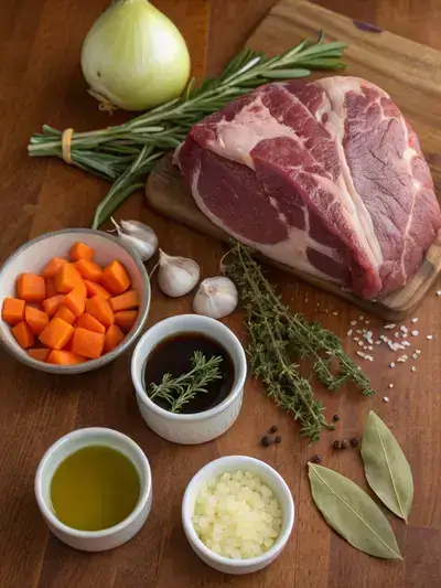 Ingredients for beef knuckle recipe displayed on a kitchen table.