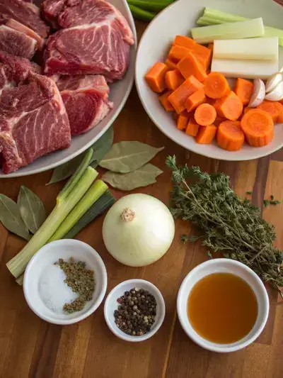 Fresh ingredients for a beef neck bones recipe arranged on a kitchen table.