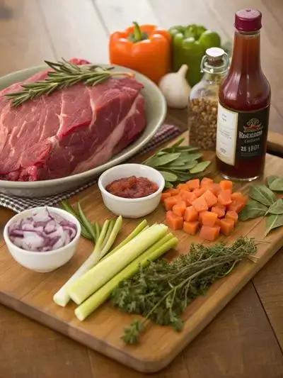 A collection of fresh ingredients for a beef shin recipe on a kitchen table.