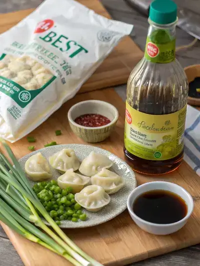 Ingredients for best frozen dumplings displayed on a kitchen table.
