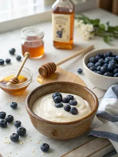 A bowl of plain yogurt with fresh blueberries, honey, and vanilla extract on a kitchen table.