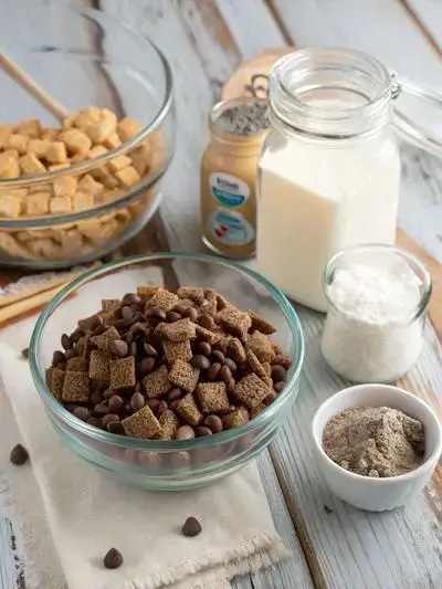 Ingredients for cajun cream sauce displayed on a kitchen table, including butter, shallots, garlic, Cajun seasoning, chicken broth, heavy cream, lemon juice, salt, pepper, and parsley.
