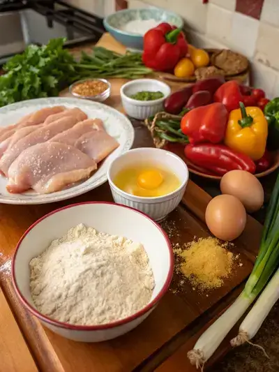 Ingredients for chicken chop displayed on a kitchen table, including chicken fillets, flour, eggs, breadcrumbs, and spices.