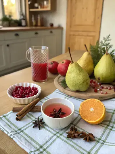 Fresh ingredients for Christmas pears arranged on a rustic kitchen table.