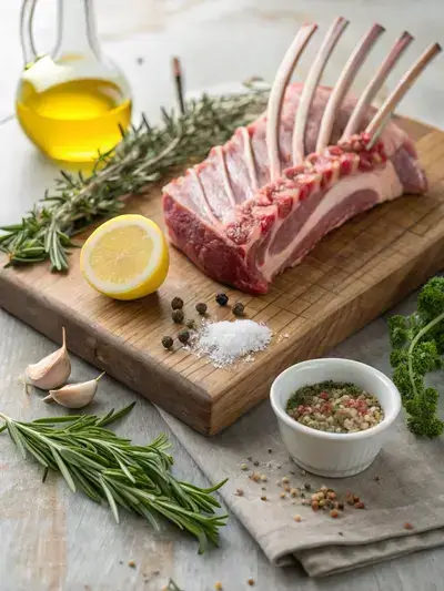 Ingredients for crown rack of lamb displayed on a rustic kitchen table.