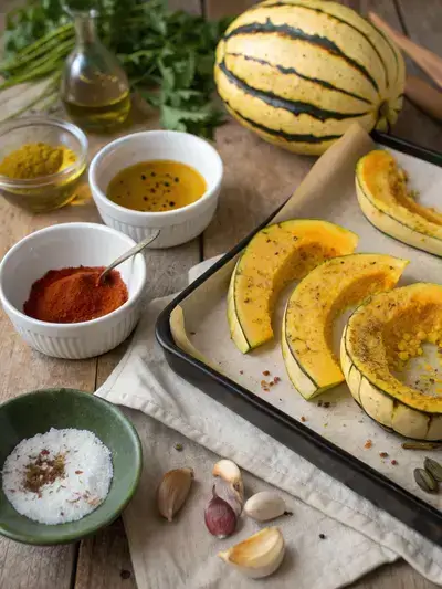 Sliced delicata squash with seasonings on a kitchen table.