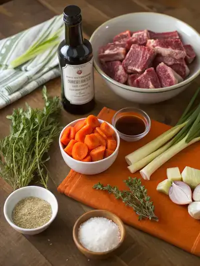Ingredients for English cut short ribs displayed on a kitchen table.