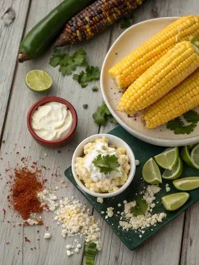A colorful display of ingredients for fiesta corn, including corn kernels, mayonnaise, sour cream, cotija cheese, jalapeño, cilantro, lime, and chili powder on a kitchen table.