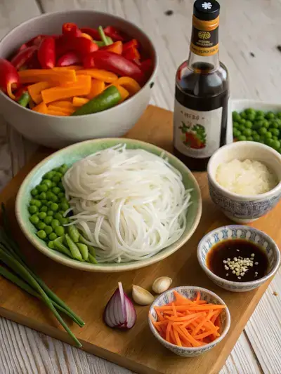 Ingredients for flat rice noodles including noodles, vegetables, sauces, and seasonings on a kitchen table.