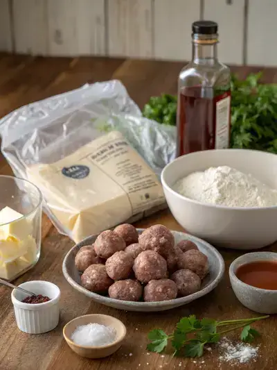 Ingredients for frozen Swedish meatballs displayed on a kitchen table.