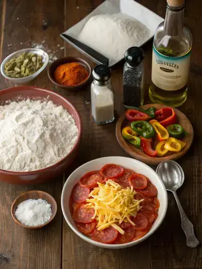 Ingredients for handmade pan pizza displayed on a kitchen table.