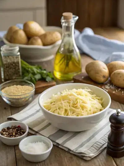 Ingredients for hash browns in oven displayed on a kitchen table.
