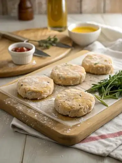 Fresh ingredients for chicken patties displayed on a kitchen table.