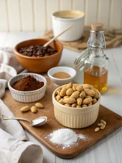 Ingredients for chocolate peanut butter displayed on a kitchen table.