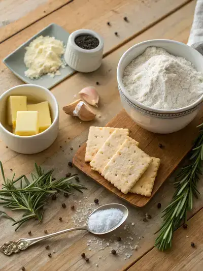 A collection of ingredients for homemade cracker snacks on a kitchen table.