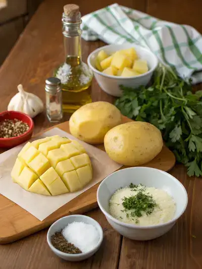 Fresh ingredients for potato bites on a kitchen table.