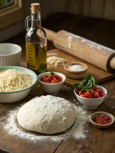 Ingredients for rustic pizza displayed on a kitchen table, including flour, yeast, water, salt, olive oil, crushed tomatoes, mozzarella cheese, basil, oregano, and red pepper flakes.