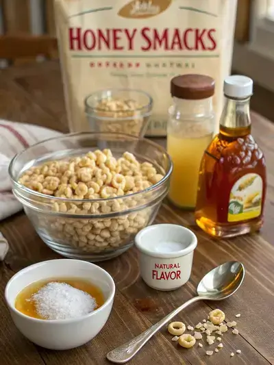 Ingredients for Honey Smacks displayed on a kitchen table, including puffed wheat, sugar, honey, corn syrup, salt, malted barley extract, and natural flavor.