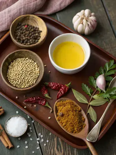 A vibrant arrangement of ingredients for Indian tadka on a kitchen table.