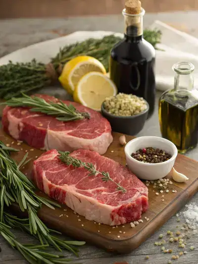 Fresh ingredients for Italian steak on a rustic kitchen table.