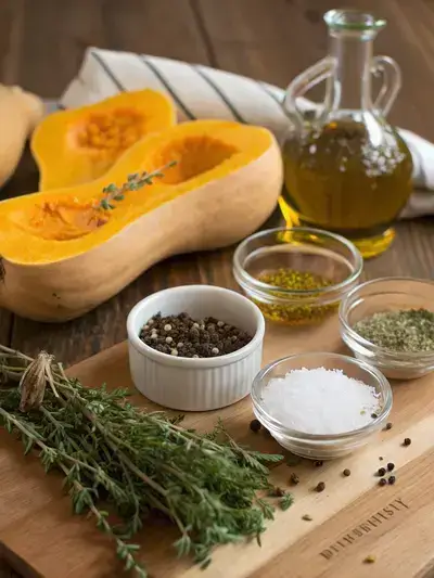Fresh koginut squash and ingredients on a rustic kitchen table.