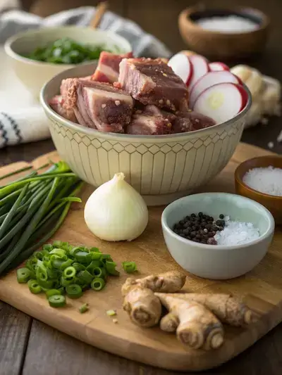 Ingredients for korean bone broth displayed on a kitchen table.
