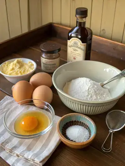 Ingredients for lady fingers displayed on a kitchen table, including eggs, sugar, flour, cornstarch, and vanilla extract.