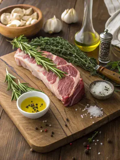 Fresh ingredients for a lamb loin dish displayed on a kitchen table.