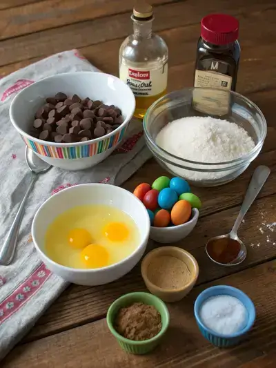Ingredients for m&m chocolate brownies displayed on a kitchen table.