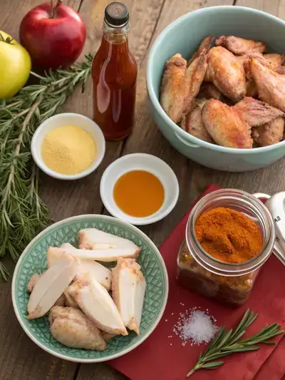 Fresh ingredients for Mild Wings arranged on a kitchen table.