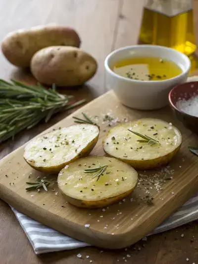 Sliced potatoes with olive oil, salt, pepper, and rosemary on a kitchen table.