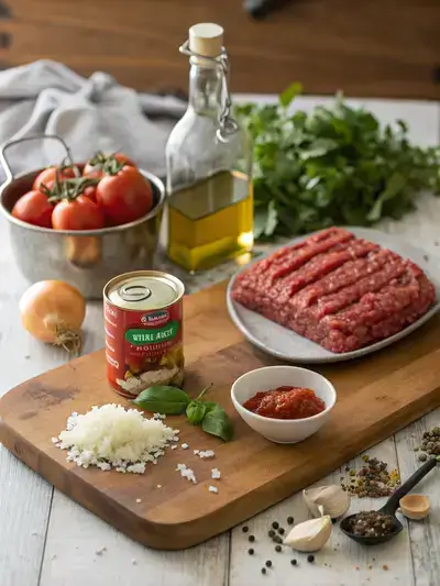 Ingredients for ragu pasta sauce displayed on a kitchen table, including tomato sauce, ground beef, onion, garlic, olive oil, basil, oregano, salt, pepper, and sugar.