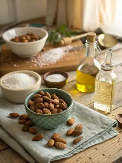 An assortment of ingredients for making salt and vinegar almonds on a kitchen table.