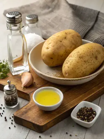 Ingredients for shoestring potato fries including russet potatoes, vegetable oil, salt, black pepper, paprika, and garlic powder on a kitchen table.