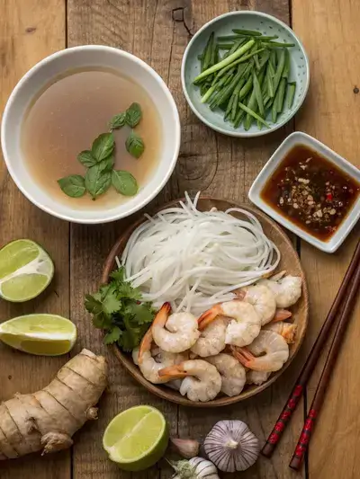 Ingredients for shrimp pho displayed on a kitchen table.